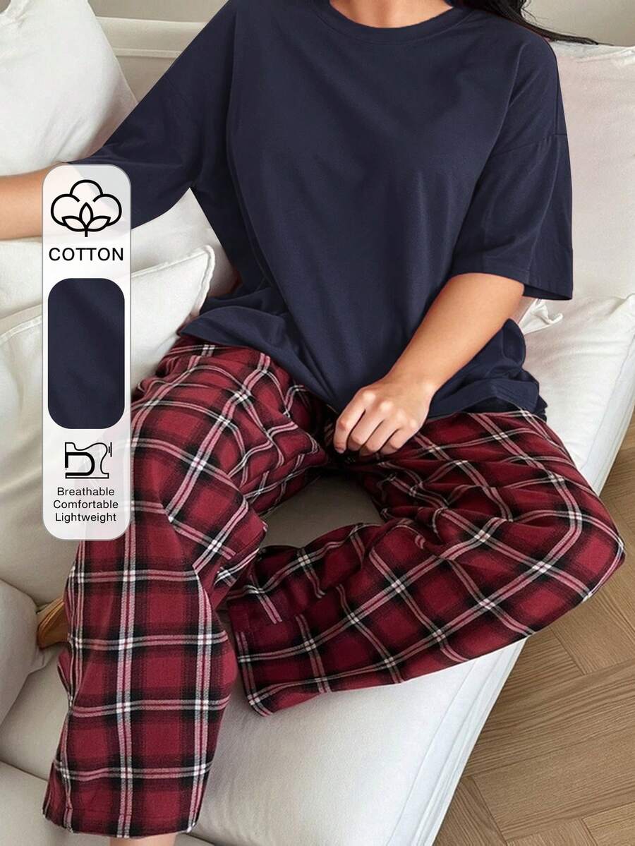 Dazy Plus Round Neck Loose Fit Plaid Pajama Set, Homewear - Navy Blue - View 1