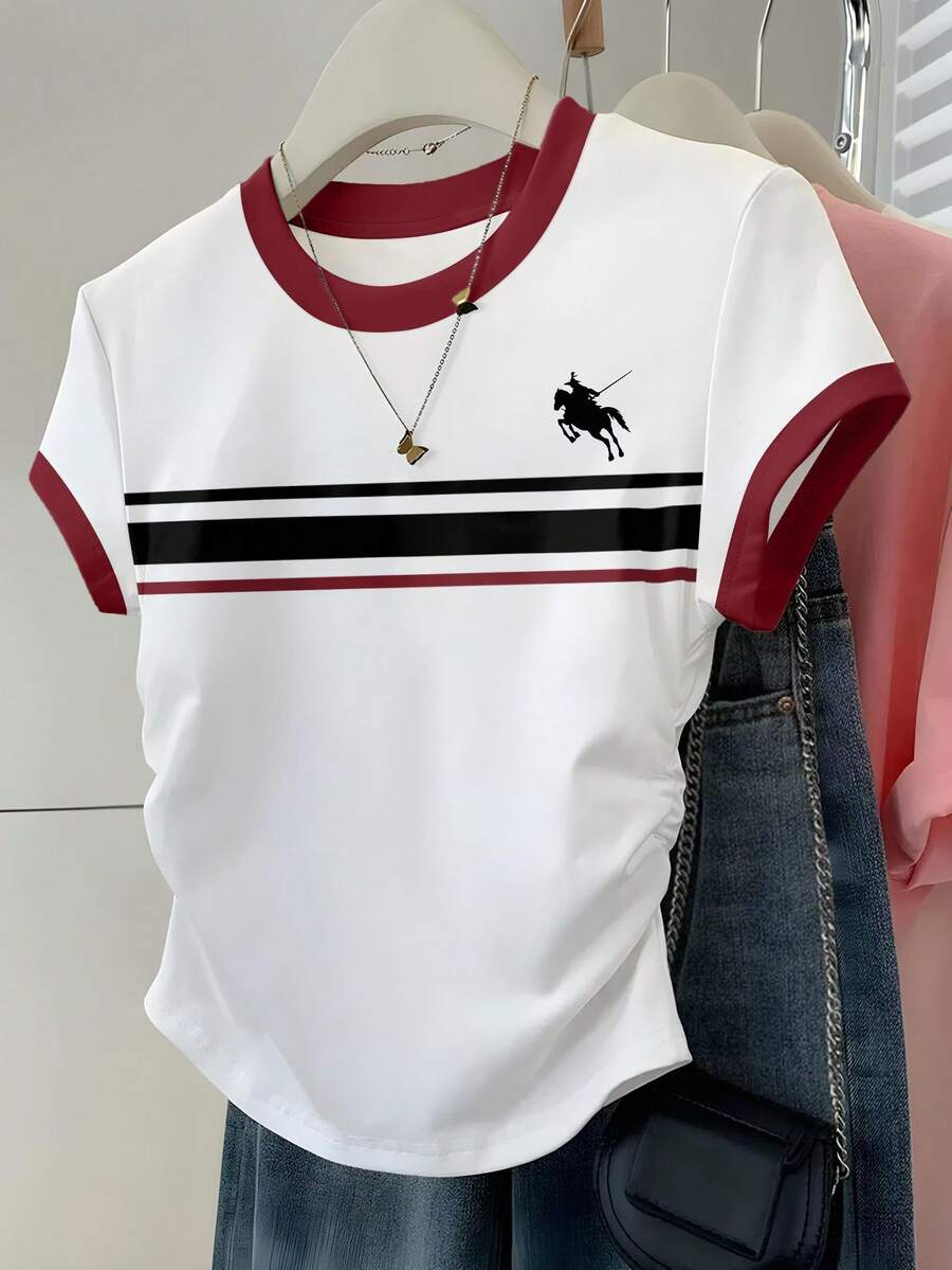 Resyla 热销新款，美式复古学院风酒红色Polo印花女式短袖T恤，青春靓丽的减龄好物，春夏百搭时尚。 - 彩色 - 查看 1