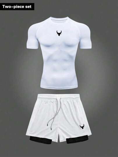 GymBeat Men's Minimalist Printed Round Neck Short Sleeve Top And Shorts Sports Suit