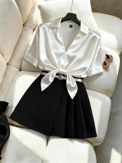 GlowEve CURVE Plus Size Women Elegant Casual Satin Short Sleeve Tie-Front Shirt And Asymmetric Mini Skirt 2-Piece Set