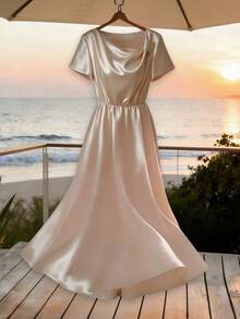 Franclia Women's Elegant Cream Satin Dress,Short Sleeve Diagonal Neckline Pleated A-Line Design,Versatile Summer Dining,Evening Party&Wedding Guest Outfits - Apricot - View 1