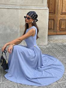 Aloruh Women's Dress, Blue Maillard Color Tone, Fashionable Elegant Modern Boat Neck Cap Sleeve Umbrella Dress,Summer Dresses For Women - Baby Blue - View 3
