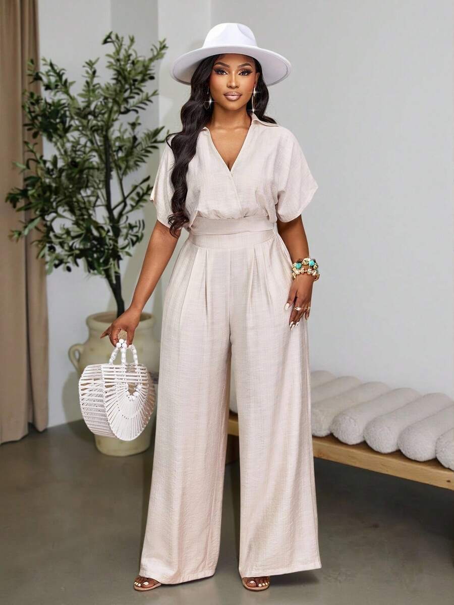 Brilight 女士夏季性感优雅棉麻上衣搭配休闲棉麻长裤。适合派对和约会，轻盈蕾丝休闲度假风，复古时尚简约。新款上市，多功能修身设计。女士沙滩装，女士休闲两件套。 - 杏色 - 查看 1