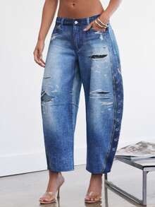 Denimoi Abstract Printed Denim Graphic Barrel Jeans Fashionable Denim Streetwear - Blue - View 1