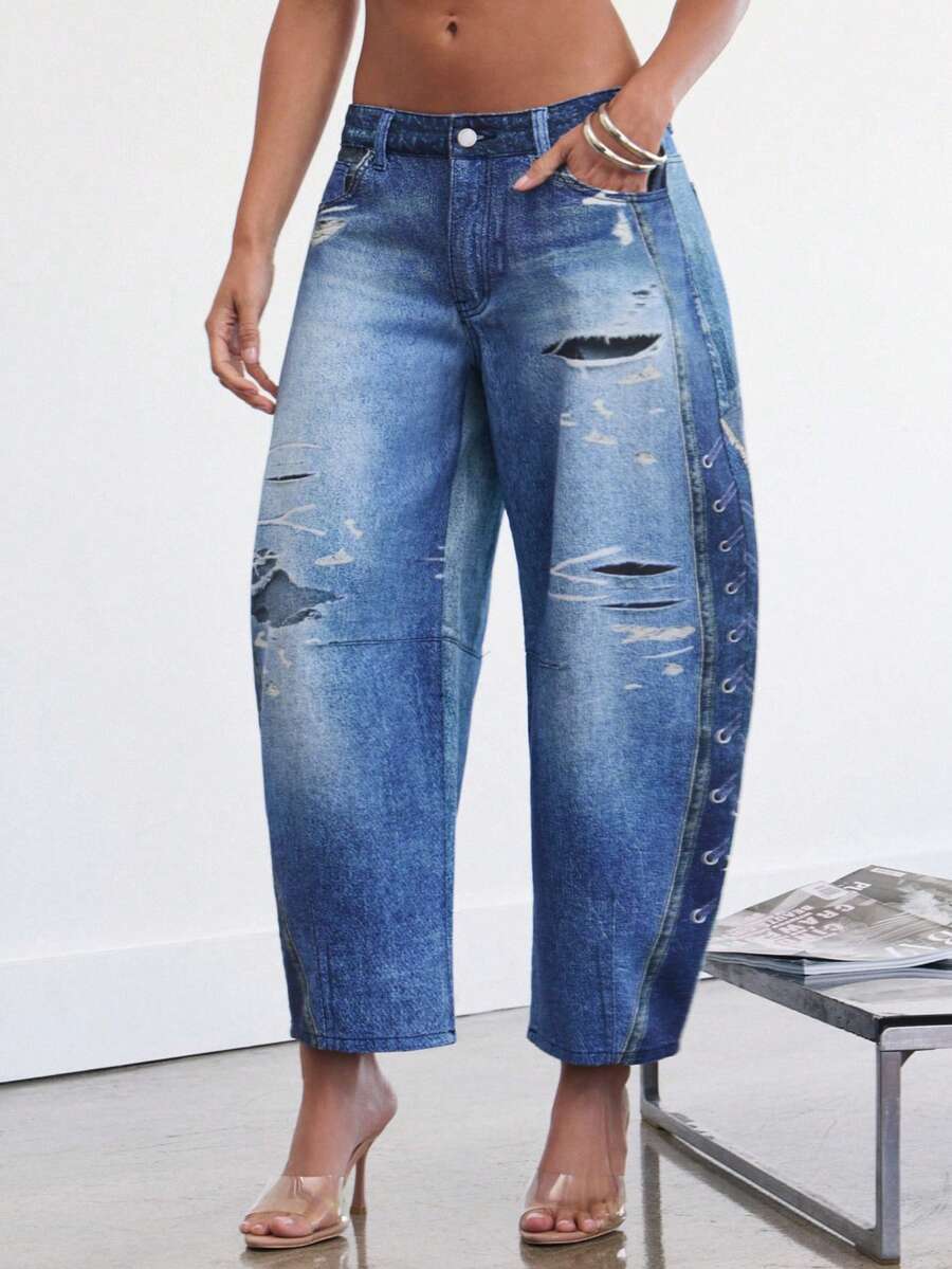 Denimoi Abstract Printed Denim Graphic Barrel Jeans Fashionable Denim Streetwear - Blue - View 1