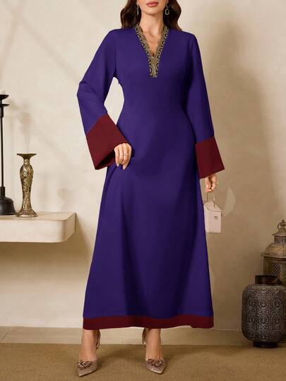 Al Najma Women's V-Neck Color Block Casual Minimalist Party Dress