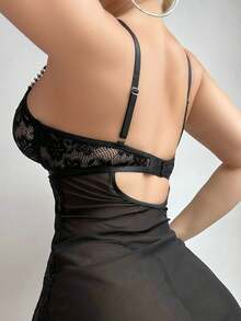 SHEIN 2pcs Lace Contrast Mesh Sexy Lingerie Set With Underwire Dress And G-String For Women For Going Out - Black - View 2