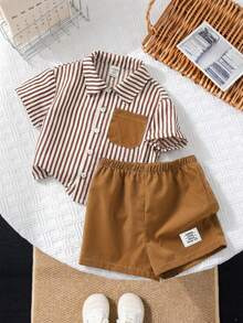 Set 2pcs/Set Baju Lengan Pendek dan Celana Pendek Pinggang Elastis Gaya Korea Kasual Musim Panas untuk Bayi Laki-laki, Cocok untuk Musim Panas - MultiWarna - View 6