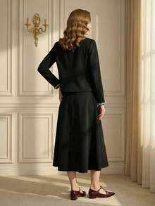 Suri Mira Bộ 2 món gồm áo khoác cardigan dài tay màu đen phối ngọc trai thanh lịch và chân váy dài cổ tròn đính ngọc trai dành cho nữ, thích hợp cho mùa Thu/Đông. - màu đen - Xem 2