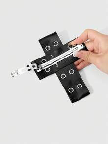 ROMWE Goth 2件組 Y2K 龐克甜酷黑色皮革雙排金屬孔眼拼接十字 DIY 髮夾彈簧夾馬尾夾組合套裝 - 黑色-29 - 查看 6