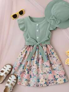 SHEIN Vintaside Kids Young Girl Floral Print Ruffle Trim Belted Dress & Accessory Hat - Multicolor - View 3