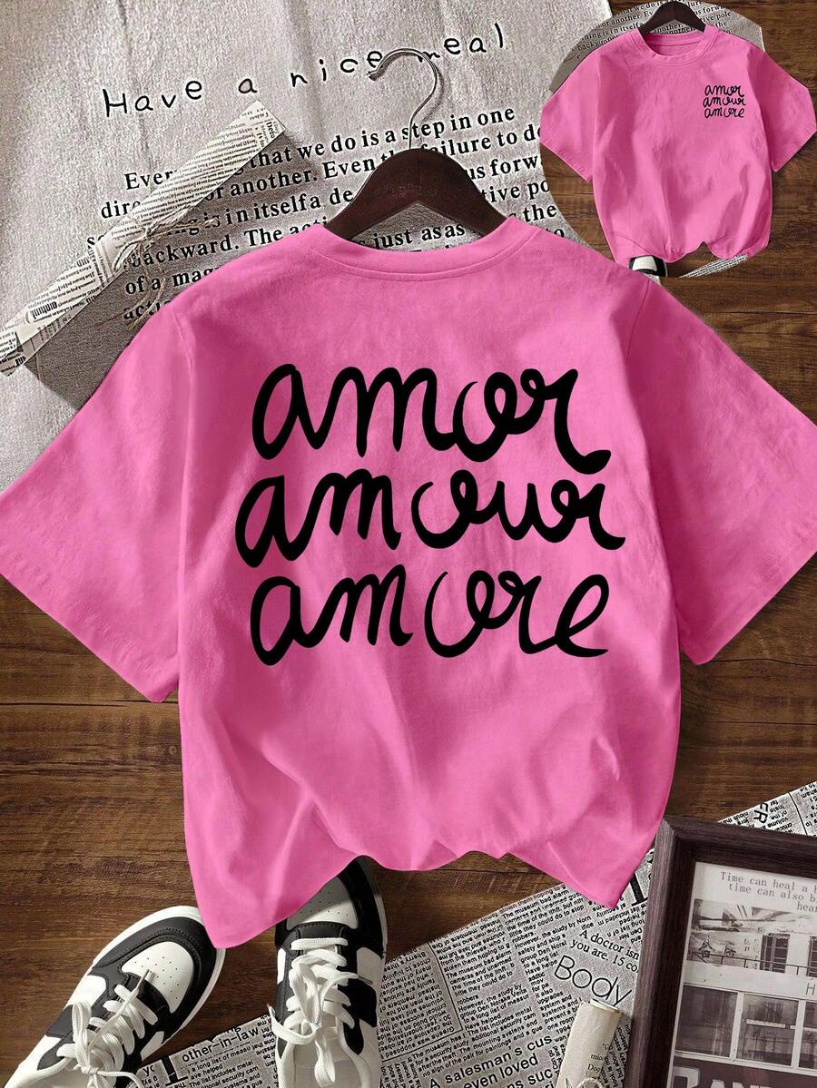 EMERY ROSE Áo thun nữ tay ngắn cổ tròn in chữ, kiểu dáng thường ngày, đa năng. - Màu Hồng Tươi - Xem 1