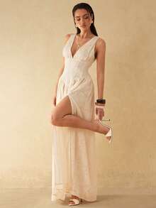 Silquee This Solid-Color, Backless A-Line Maxi Dress Features A Deep V-Neck Design For Easy On And Off, Making It The Perfect Choice For Romantic Dates, Beach Vacations, Weddings, Formal Parties, And Any Occasion Requiring A Sophisticated And Sexy Look. Its Understated Elegance Also Makes It Ideal For A Relaxed Beach Getaway. Whether It's A Beach Vacation, A Romantic Date, A Pool Party, A Beach Party, Commuting, Or Any Occasion Demanding A Sophisticated And Sexy Style, This Dress Is Incredibly Versatile And Easy To Wear.,Summer Dresses For Women - Beige - View 6