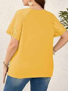 EMERY ROSE Plus Size Women's Mustard Yellow Summer Casual T-Shirt,Lace Patchwork V-Neck Short Sleeve Tops,Modest Vacation Holiday Outfits,Tea Party Blouses - Yellow - View 2