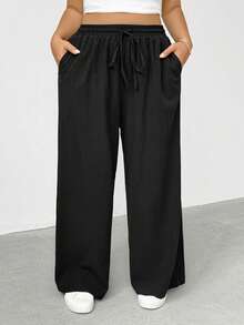 Shapeblank 大码女装春夏时尚休闲宽松舒适日常百搭显瘦亚麻黑色弹力腰阔腿裤，夏季穿搭，女式下装，简约风格，宽松裤 - 黑色 - 查看 3