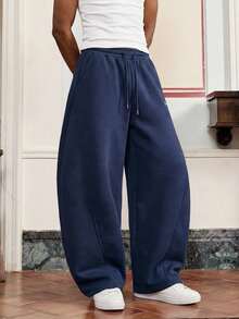 SWAVVY Men's Casual Loose Sweatpants With Embroidery, Navy Blue, Spring/Autumn/Summer - Navy Blue - View 4