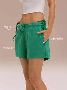 GLOWMODE Quần short cạp cao có dây rút, chất liệu vải bông mềm mại, rộng 2,5 inch, có túi, thích hợp mặc hàng ngày hoặc mùa hè. - màu xanh lá - Xem 2