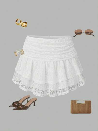 Qadelle 女士夏季假日蕾丝刺绣多层半身裙 Y2K 风格，适合假日派对