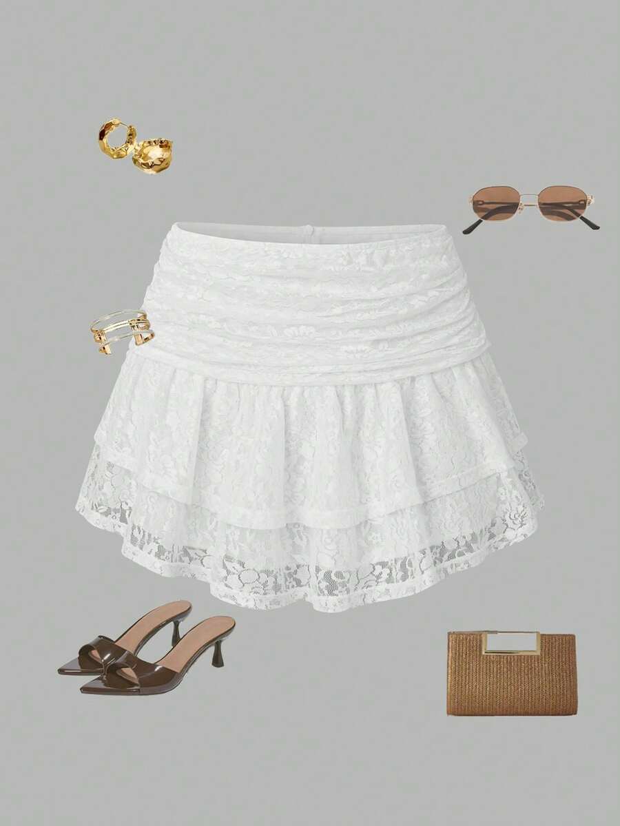Qadelle 女士夏季假日蕾丝刺绣多层半身裙 Y2K 风格，适合假日派对 - 白色 - 查看 1
