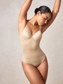 Veilyse 1pc Women Seamless Fixed Cup Camisole Bodysuit With Waist Cincher, Slimming - Apricot - View 7