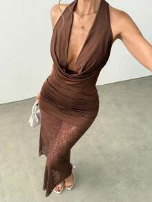 Ritzy Row 2026 New Arrival Elegant Sleeveless Deep Draped Neck Lace Hem Bodycon Dress, Deep Brown - Brown - View 3