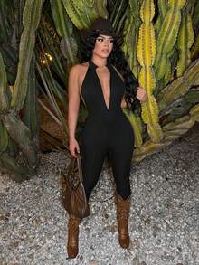 SHEIN SXY Black Sexy Backless Halter Neck Zipper Jumpsuit - Black - View 4