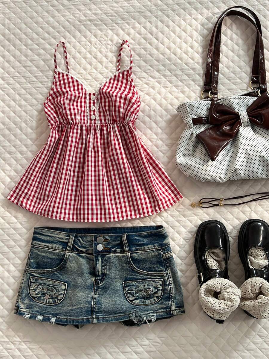 Glimmora Women's Red Plaid Button Design Casual Camisole - Red and White - View 1