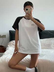 DAZY Letter Graphic Contrast Raglan Sleeve Tee - Black and White - View 4