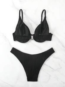 Swim Mod 女士新款吊带V领泳衣上装和高衩比基尼泳裤性感泳装套装 - 黑色 - 查看 6