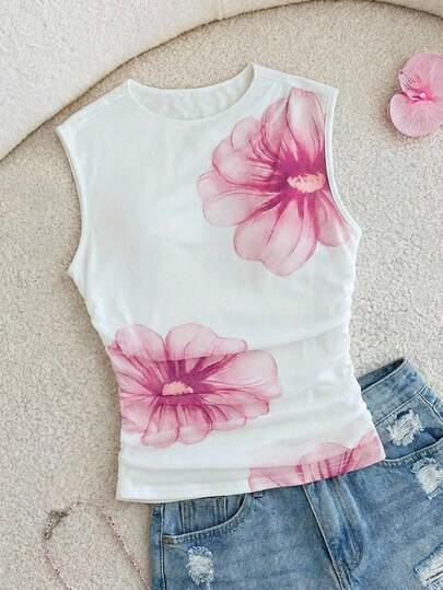 Camiseta sin mangas de malla con estampado de flores grandes y volantes para adolescentes