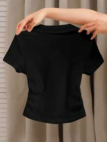 SHEIN Tween Girl Solid Color Casual Polo V-Neck Fitted Side Ruched Short Sleeve Cropped T-Shirt - Black - View 2