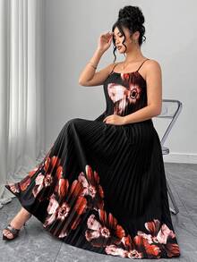 Elenzga Plus Size Woven Floral Digital Criss-Cross Strap Bow Tie Pleated Backless Elegant, Sexy, Vacation, Casual, Daily, Date Camisole Dress Summer Spring Wedding Guest Dress For Women Elegant Dresses For Party - Black - View 4