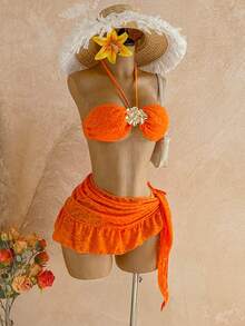 Soleia Women's Solid Color Jacquard Bikini Set, Suitable For Beach Vacation Summer Bathing Suit - Orange - View 5
