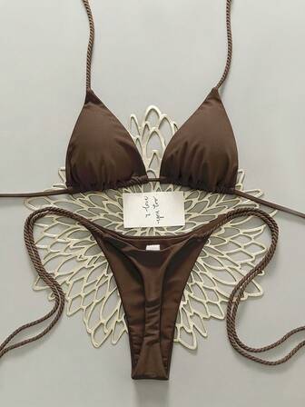 Swim Vcay 2 piezas Conjunto de traje de baño para mujer, Bikini de ganchillo blanco hecho a mano para mujer Bikini triangular marrón Bikini tanga Bikini con tirantes de cuerda