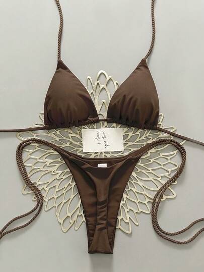 Swim Vcay 2pcs Women Swimwear Set, White Handmade Crochet Bikini Sets For Women Brown Bikini Triangle Bikini Thong Bikini Rope Strap Bikini