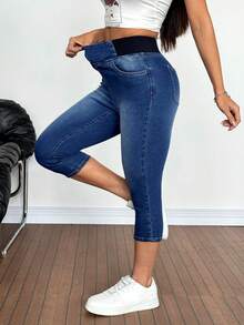 SHEIN PETITE 夏季女士休闲舒适高弹面料百搭日常外出运动口袋牛仔裤 - 深色水洗藍 - 查看 7