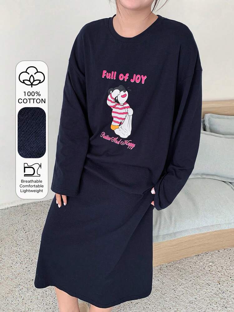 Dazy Plus Plus Size Women Slogan & Cartoon Print Round Neck Drop Shoulder Long Sleeve Casual Nightgown