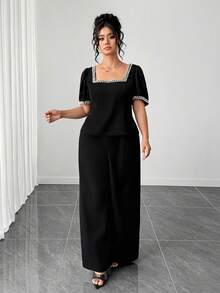 Elenzga 2pcs Plus Size Women's Elegant Sequin Satin Ribbon Square Neck Puff Sleeve Blouse,Slim Fit Long Palazzo Pants Set,Summer Black And White Wedding Guest - Black - View 5
