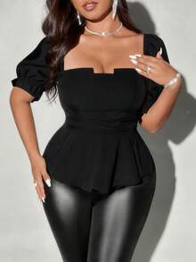 Viva Relle Plus Size Women Summer Elegant Black Blouse,Autumn Puff Sleeve High Waist Cinched Ruffled A-Line Top,Y2K  Night Out Club Beach Vacation Party Wear - Black - View 4
