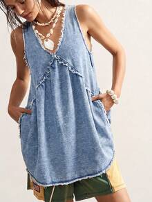 Bohemela Plus Size Women V-Neck Sleeveless Casual Loose Denim Dress - Light Wash - View 5