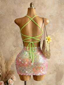 Mistrie Women's Fashion Sexy Sequin Spaghetti Strap Mini Dress - Multicolor - View 2