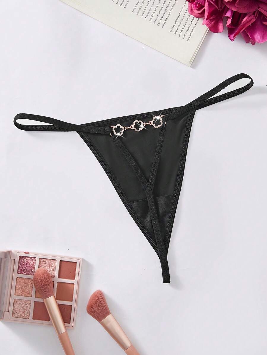 1pc Women's Rhinestone Circular Ring Connected Sexy Thin Strap Thong Panty - Black - View 1
