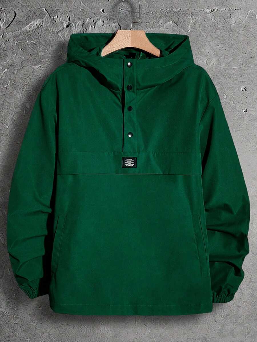 GENTILAND Loose Men Long Sleeve Letter Patched Half Button Hooded Jacket - Dark Green - View 1