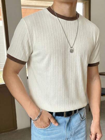 SWAVVY Men's Contrast Color Round Neck Short Sleeve Casual Versatile T-Shirt