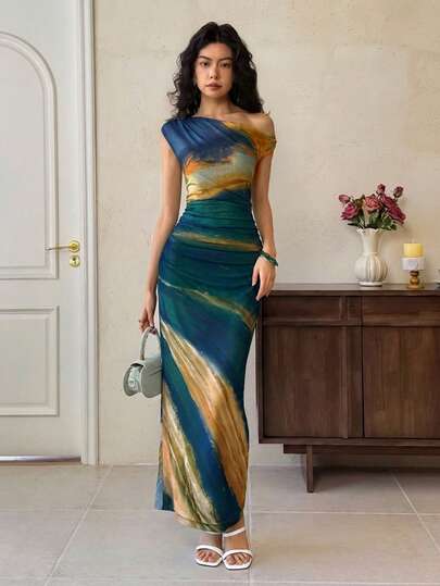 EastFlair Vestido de mujer de moda de verano con estampado de teñido anudado y cuello asimétrico