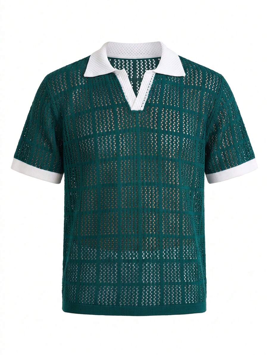OTTIMOZO Men's Summer Casual Vacation Contrast Trim Mesh Hollow Short Sleeve Knit Top Men's Crochet Shirts V Neck Sweater Short Sleeve Men's Fishnet Shirt Men Men's Mesh Shirt Open Knit Shirt Men Summeroutfit Y2k Shirt Work Shirt Zahide T Shirt Mesh Shirts Mens Summer Shirts Golf T Shirt For Men Polo Blouse For Men Polo Shirt For Men Casual Polo Shirts For Men Golf T Shirts For Men - Green - View 1
