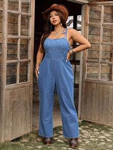SHEIN Holidaya Quần yếm denim ống rộng dáng rộng thoải mái dành cho nữ cỡ lớn, thích hợp đi nghỉ mát. - Rửa tối - Xem 3