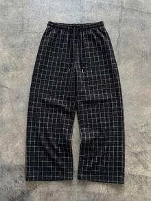 SWAVVY 男士休闲格子抽绳腰斜插口袋长裤，秋季款 - 黑色 - 查看 4