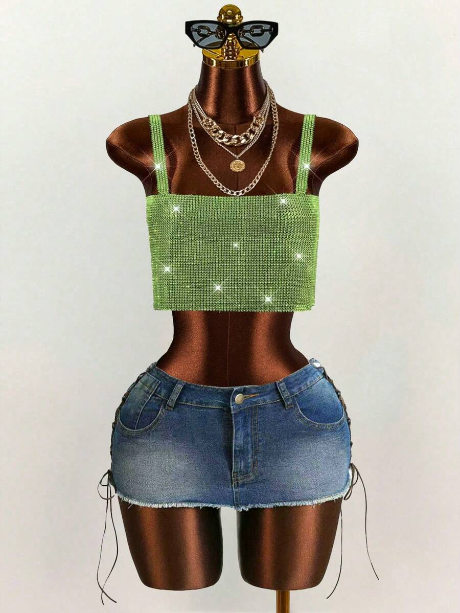 Mistrie Women's Summer Rhinestone Chain Strap Shiny Crop Top, Lime Green, Techno, Night Out Club, Rave, Vacations, Fashion Carnival, Bar Party Club Wear - Green - View 1
