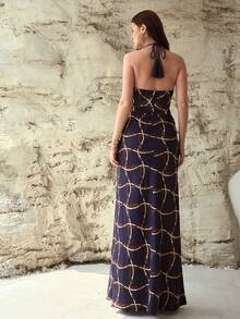 MOTF PREMIUM WOMEN'S LINEN ALL OVER PRINTED LONG DRESS, SPRING/SUMMER - Navy Blue - View 4